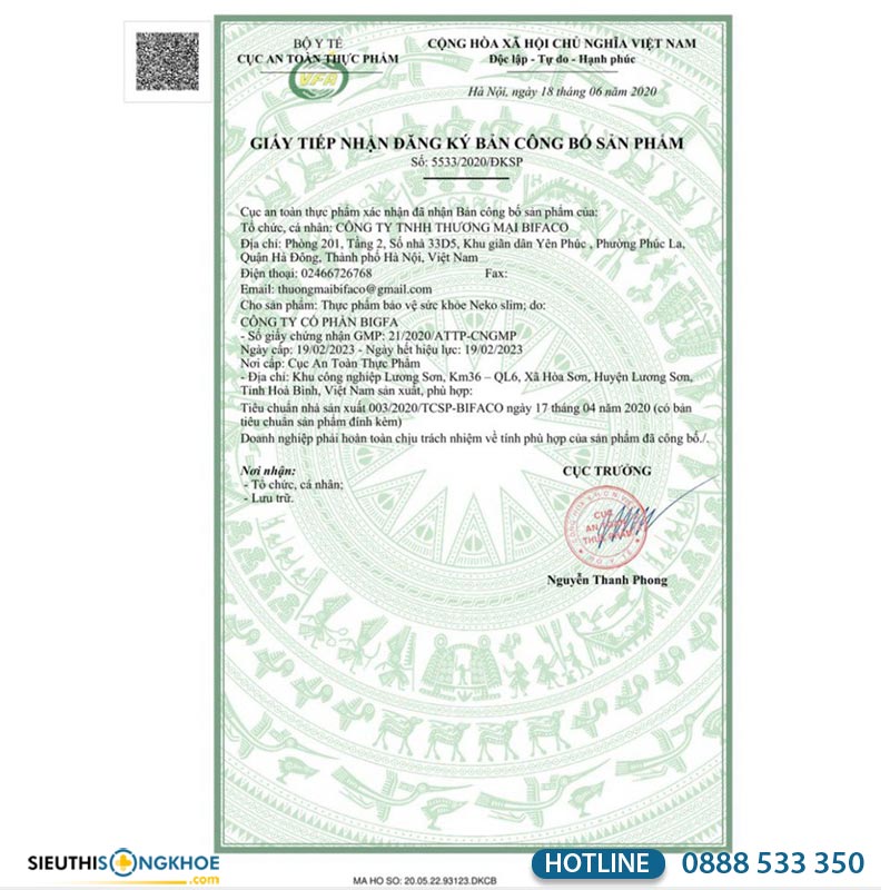 giấy chứng nhận sản phẩm neko slim