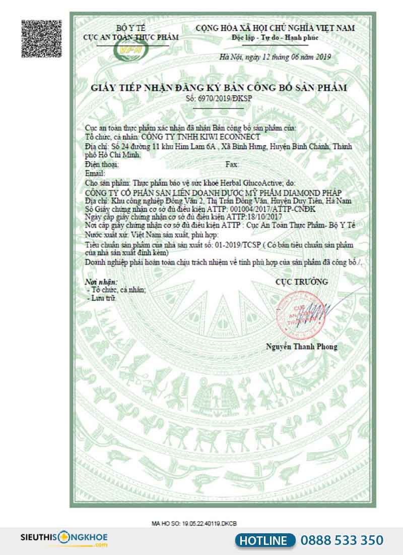 giấy chứng nhận sản phẩm herbal glucoactive